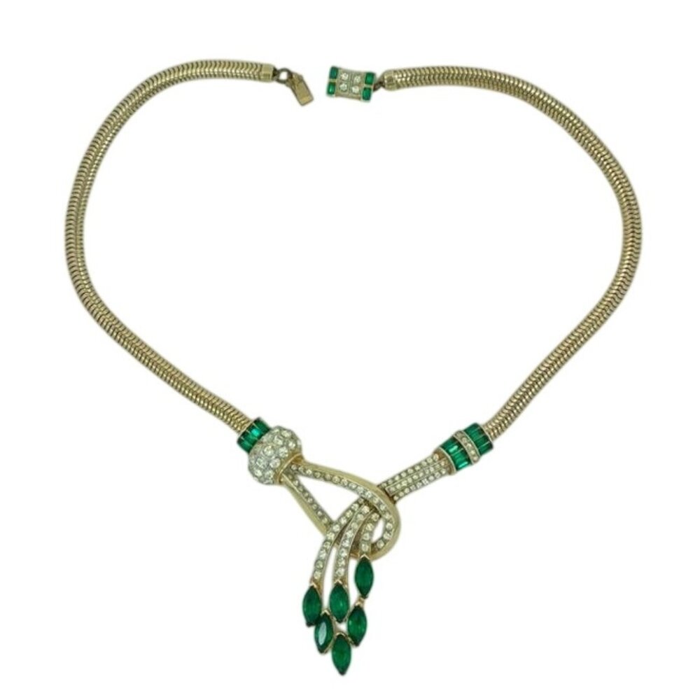 Vintage Signed Coro Emerald Rhinestone Spray Necklace Choker Mid Century Jewelry - Picture 4 of 10